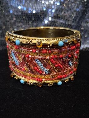 Embellished Beaded Cuff Bracelet - Red & Turquoise Accents